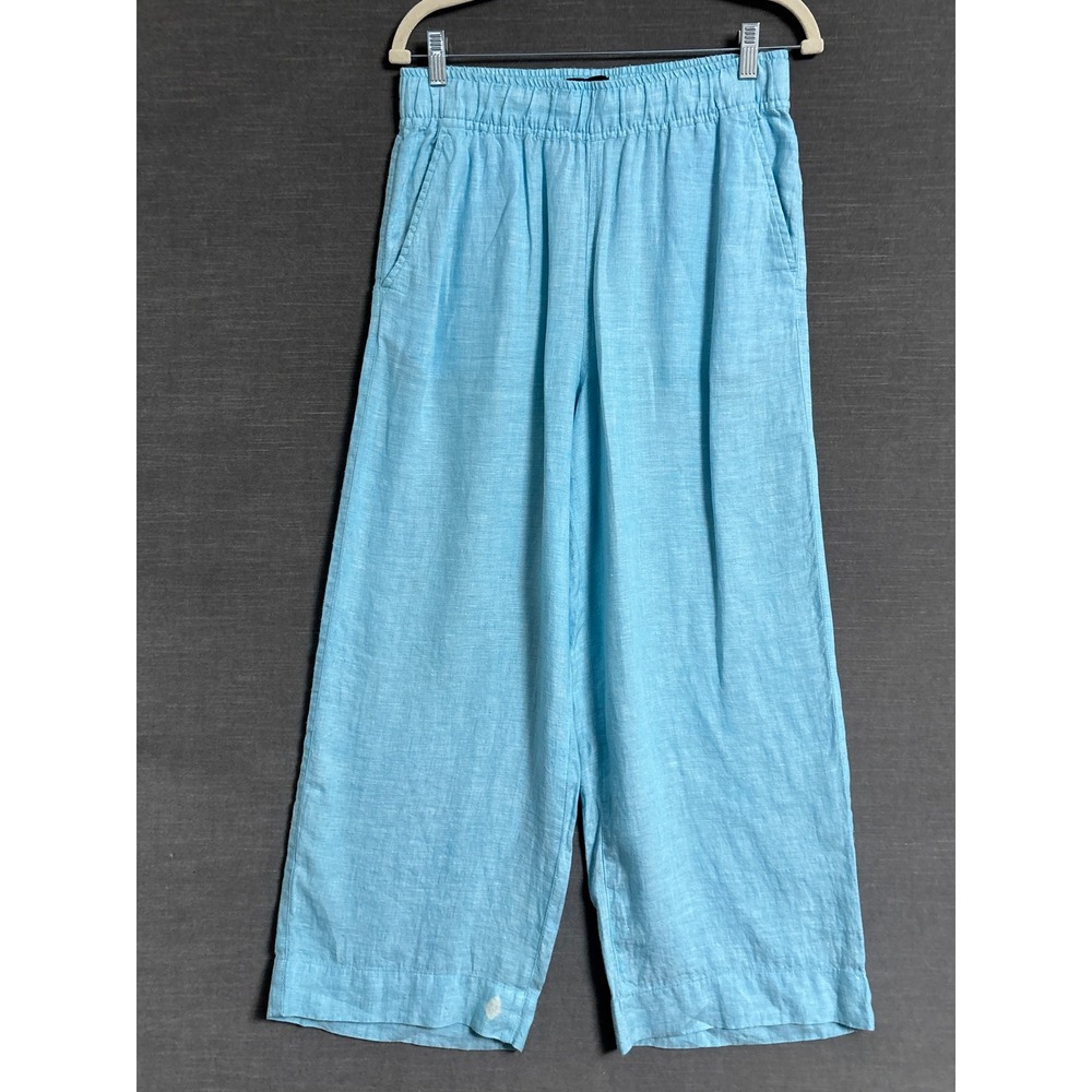 Tahari Linen Pants M Blue Elastic Waist Wide Leg Pull On Casual Beach Coastal